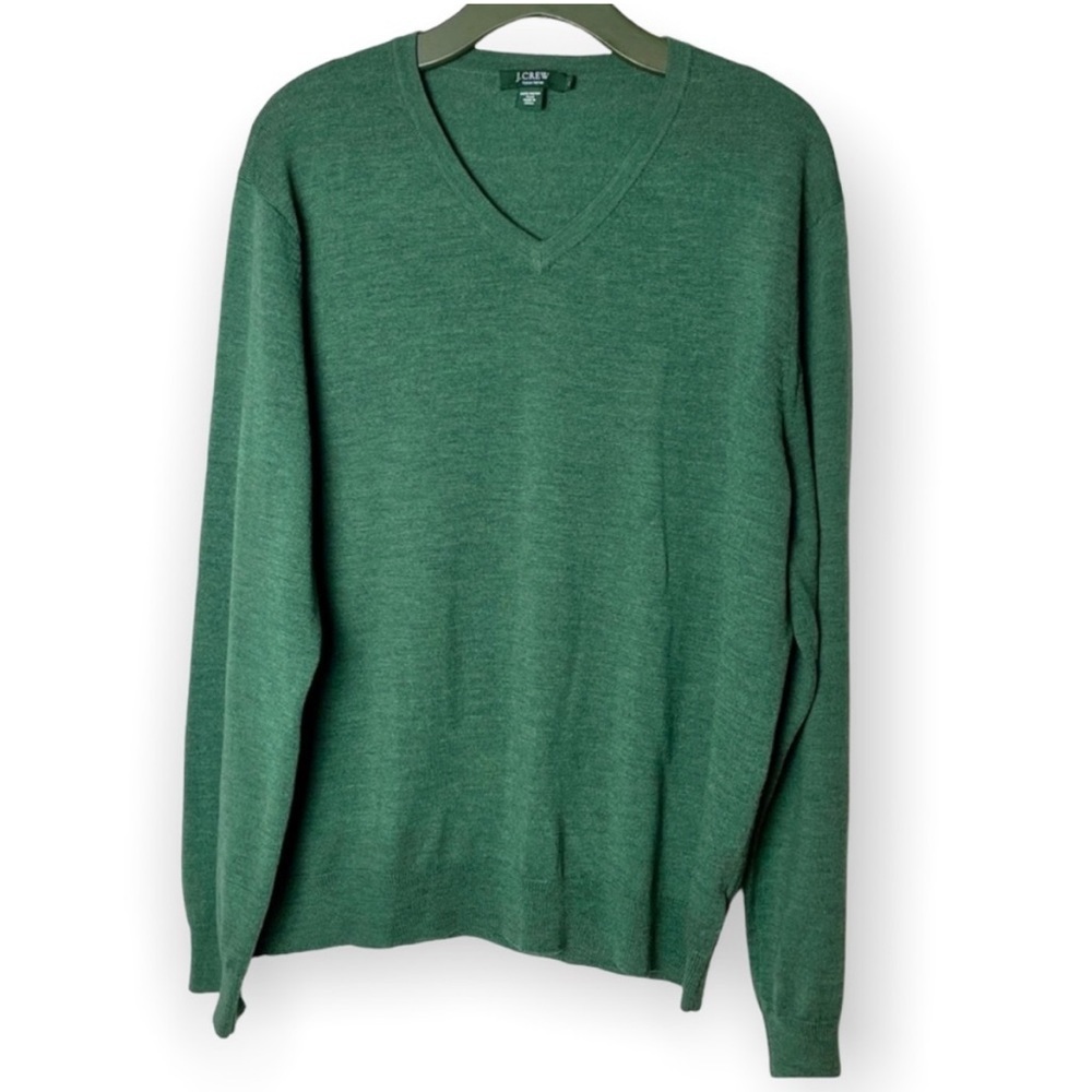 J.Crew men’s 100% Italian Merino wool v-neck forest green long sleeve size XL
